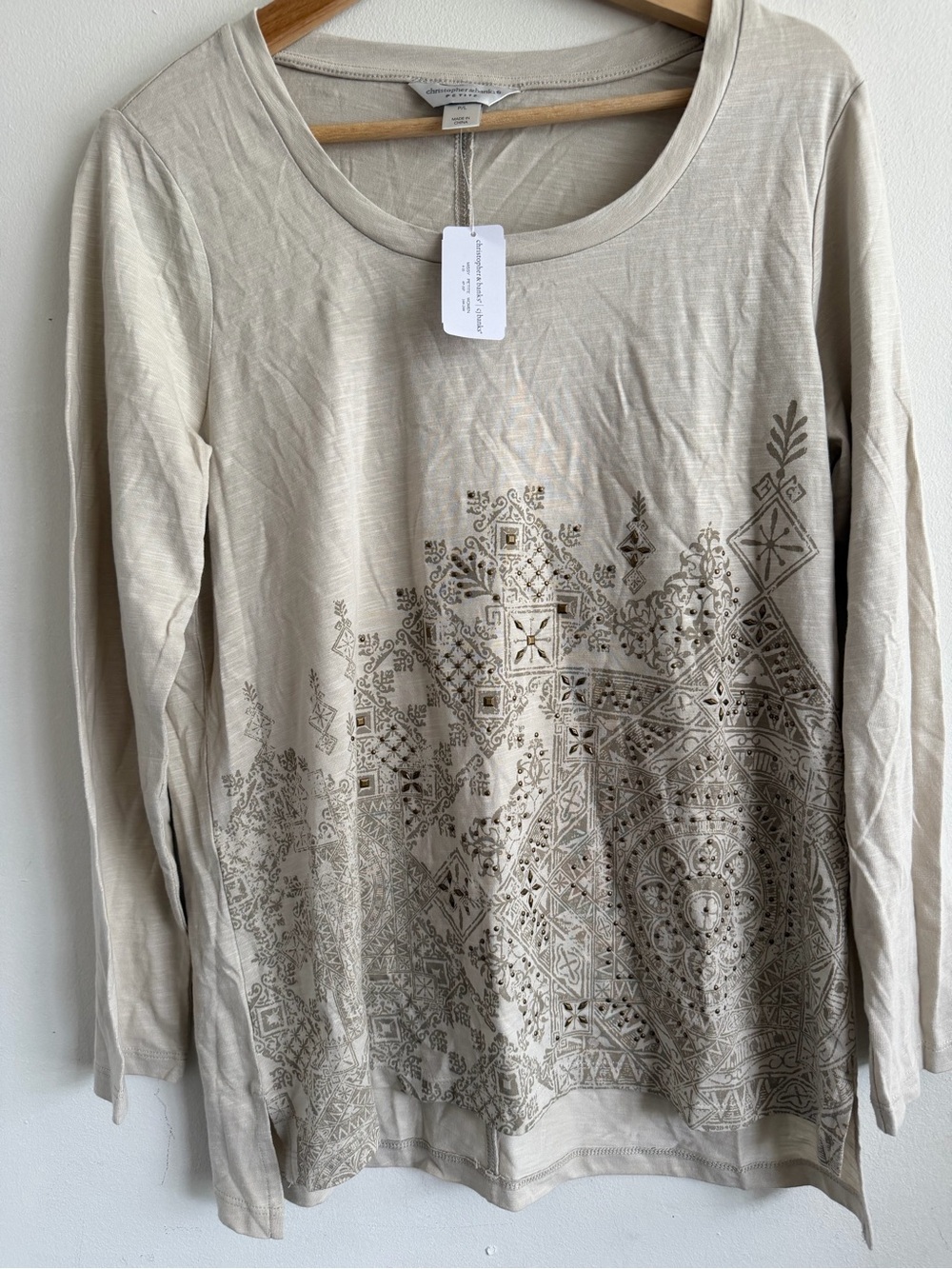 Christopher & Banks Beige Long-Sleeve Scoop Neck Top with Tonal Print
